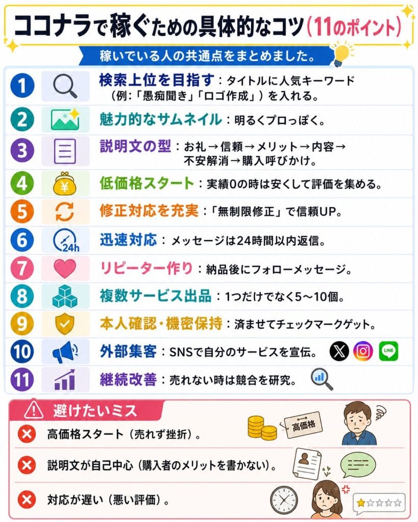 alt="ココナラで稼ぐための具体的なコツ（11のポイント）"