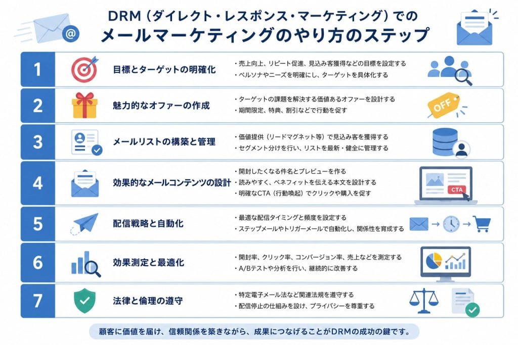 alt="DRM（ダイレクト・レスポンス・マーケティング）でのメールマーケティングのやり方のステップ"