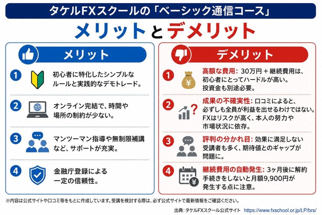 alt="タケルFXスクールの「ベーシック通信コース」の メリットとデメリット"