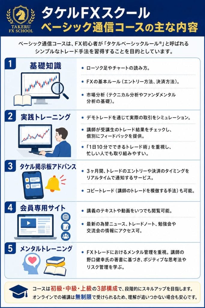 alt="タケルFXスクールの「ベーシック通信コース」の主な内容"