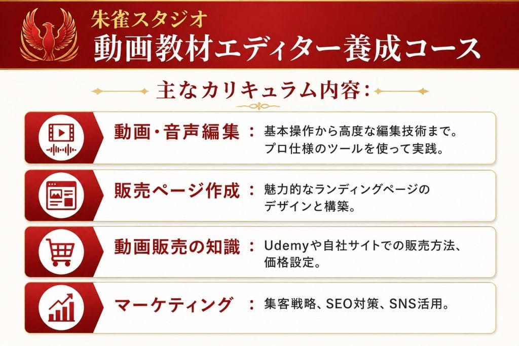 alt="朱雀スタジオ「動画教材エディター養成コース」の主なカリキュラム内容"