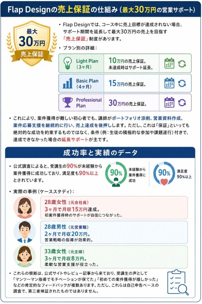 alt="Flap Design（フラップデザイン）の売上保証の仕組み（最大30万円の営業サポート）"