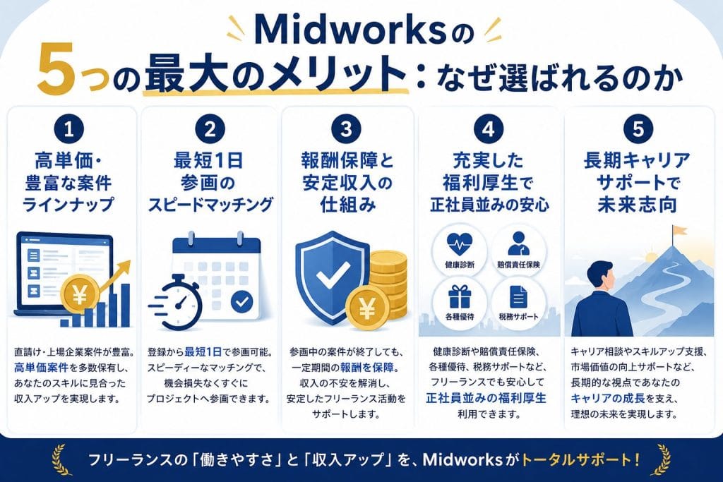 alt="Midworksの5つの最大のメリット:なぜ選ばれるのか"