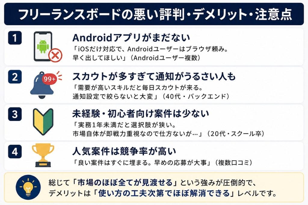 alt="フリーランスボードの悪い評判・デメリット・注意点"