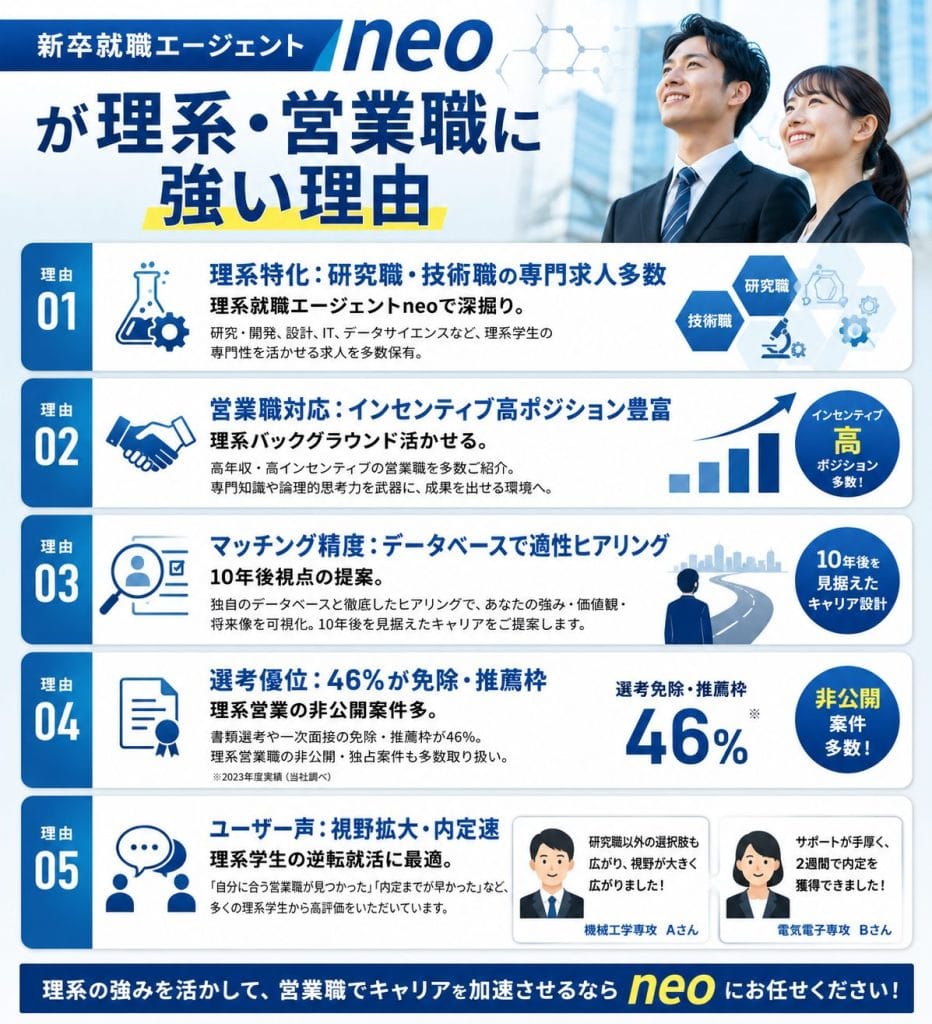 alt="新卒就職エージェントneoが理系・営業職に強い理由"