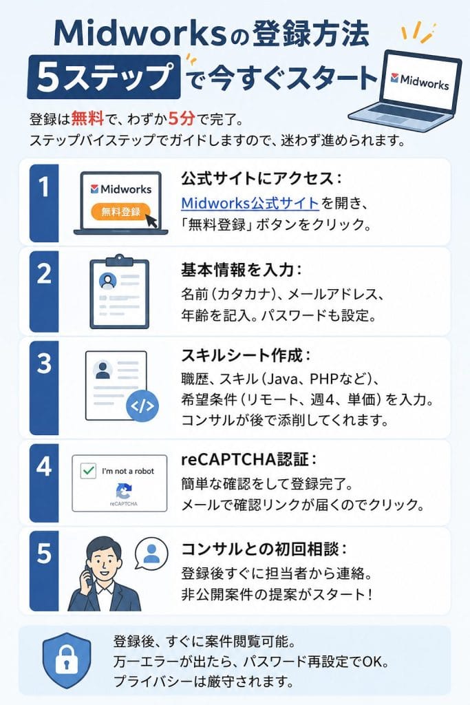 alt="Midworksの登録方法:5ステップで今すぐスタート"