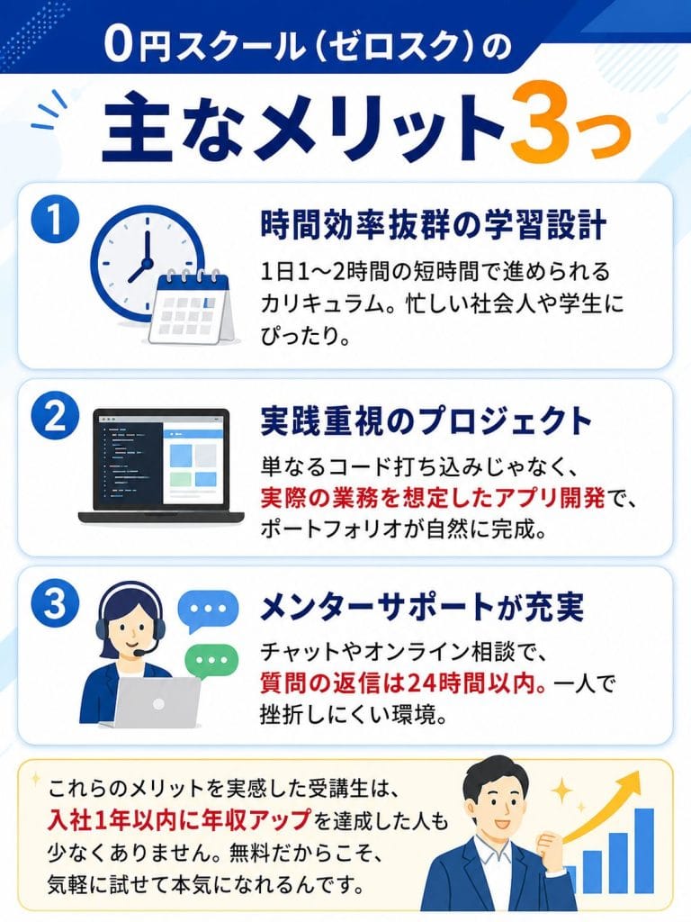 alt="0円スクール（ゼロスク）の主なメリット3つ"