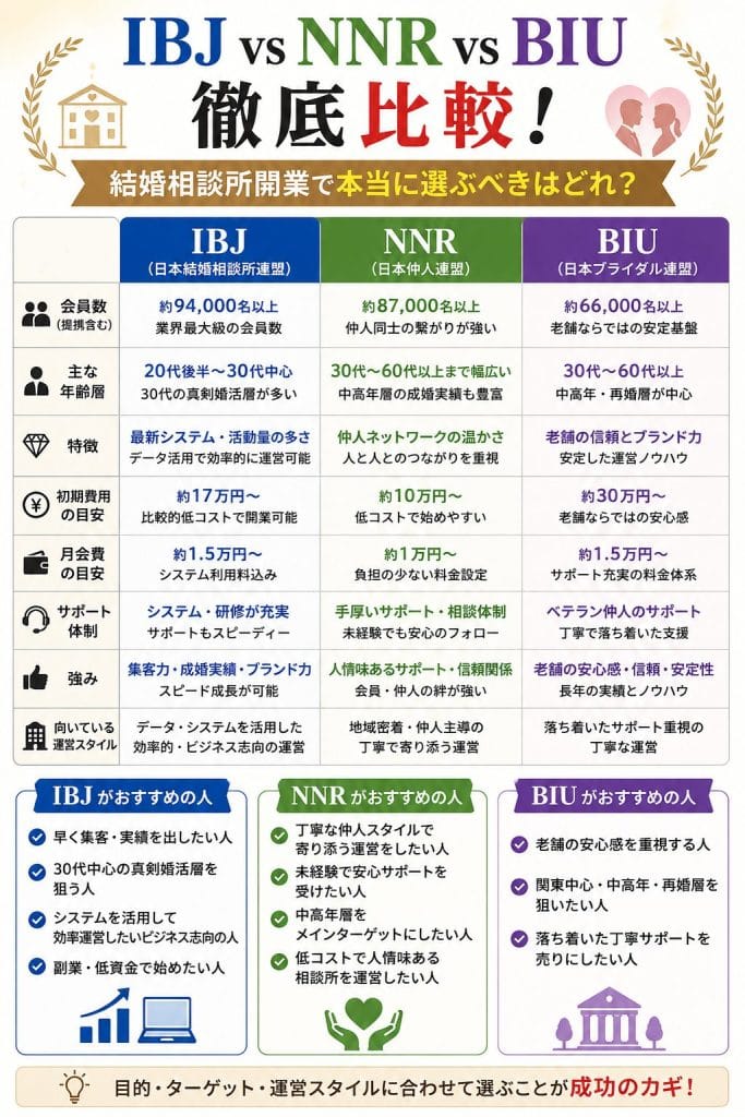 alt="BJ vs NNR vs BIU 徹底比較！結婚相談所開業で本当に選ぶべきはどれ？"