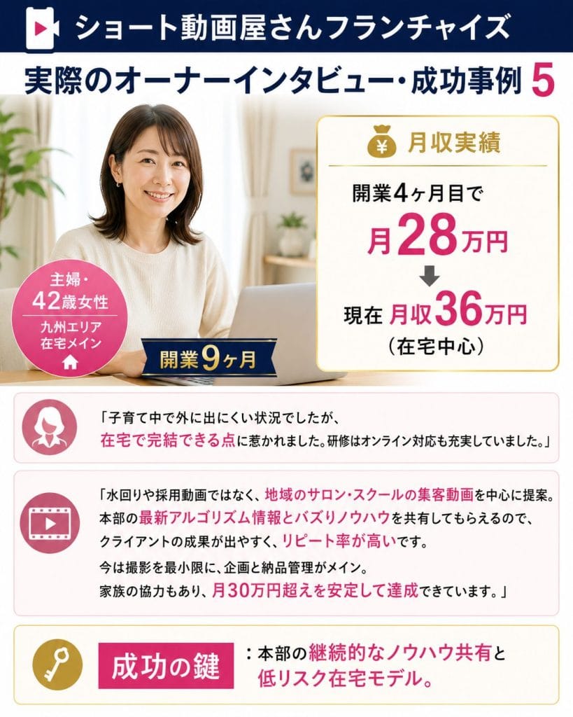 alt="ショート動画屋さんフランチャイズの実際のオーナーインタビュー・成功事例5：主婦・42歳女性（九州エリア・在宅メイン／開業9ヶ月）"