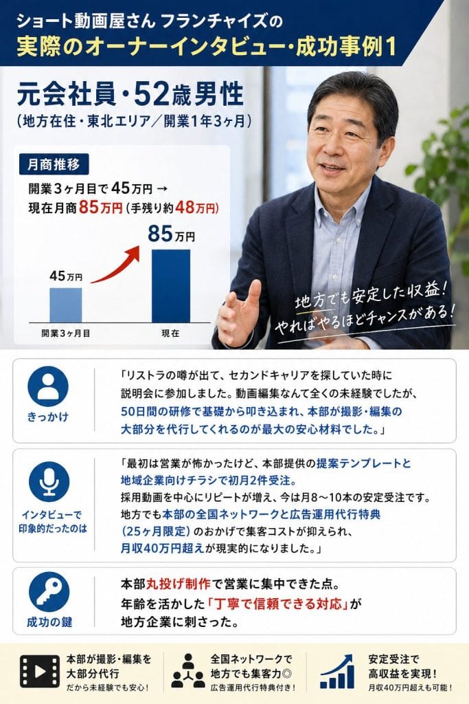 alt="ショート動画屋さんフランチャイズの実際のオーナーインタビュー・成功事例1：元会社員・52歳男性（地方在住・東北エリア／開業1年3ヶ月）"