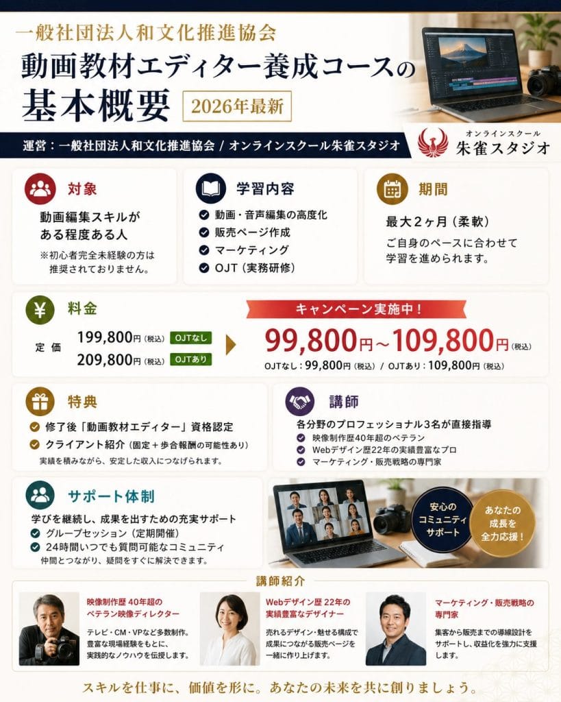 alt="一般社団法人和文化推進協会:動画教材エディター養成コースの基本概要(2026年最新)"