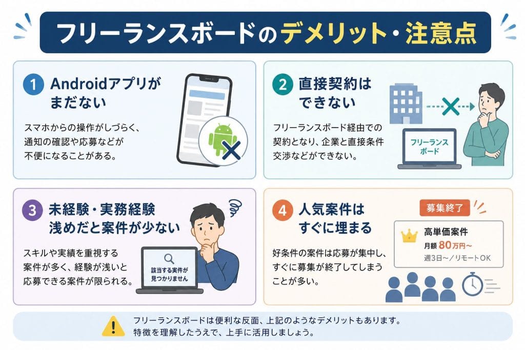 alt="フリーランスボードのデメリット・注意点"