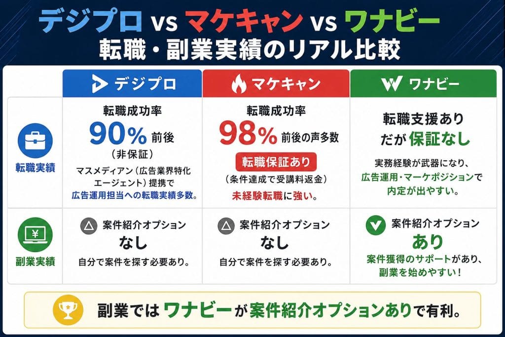 alt="デジプロ vs マケキャン vs ワナビー:転職・副業実績のリアル比較"
