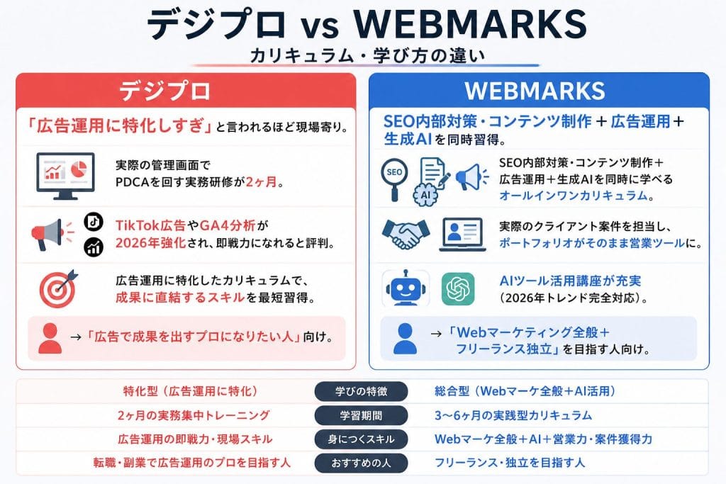 alt="デジプロ vs WEBMARKS カリキュラム・学び方の違い"