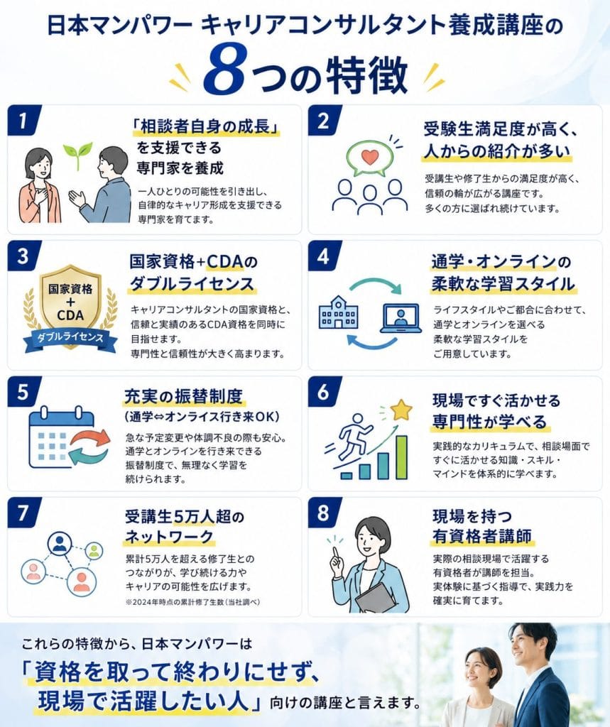 alt="日本マンパワー キャリアコンサルタント養成講座の８つの特徴"