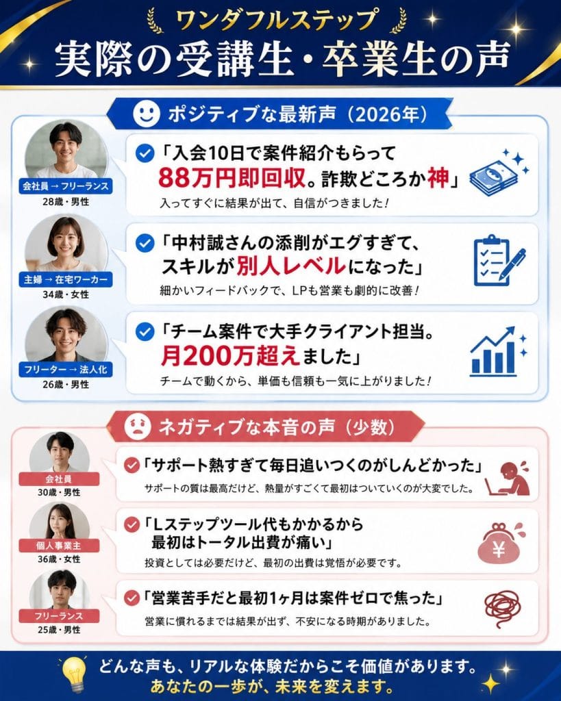 alt="ワンダフルステップ実際の受講生・卒業生の声"