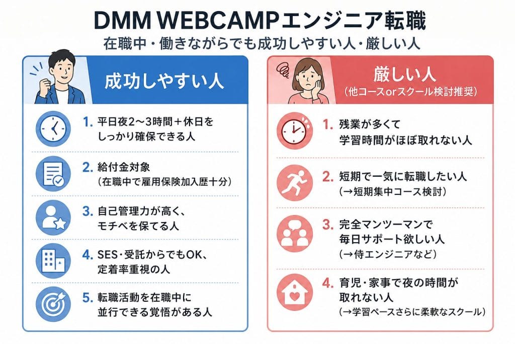 alt="DMM WEBCAMPエンジニア転職:在職中・働きながらでも成功しやすい人・厳しい人"