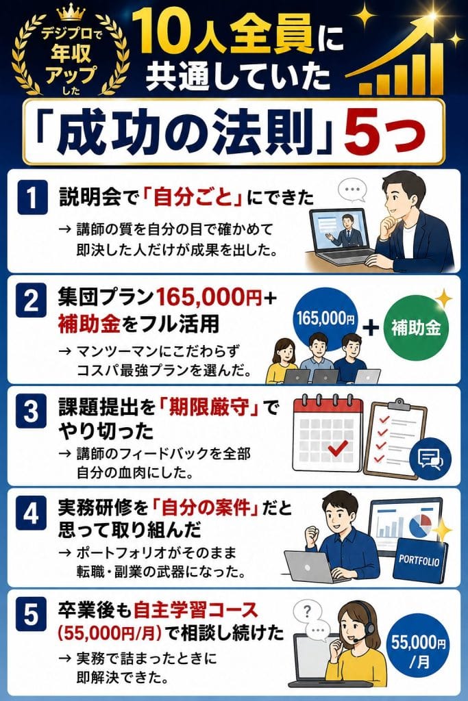 alt="デジプロで年収アップした10人全員に共通していた「成功の法則」5つ"