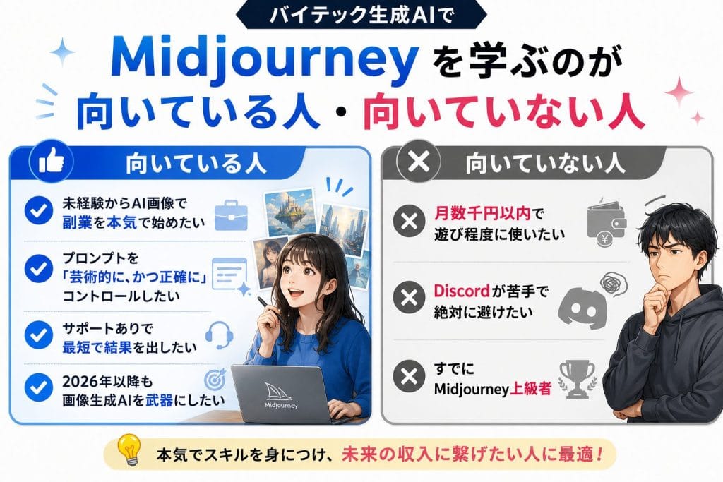 alt="バイテック生成AIでMidjourneyを学ぶのが向いている人・向いていない人"