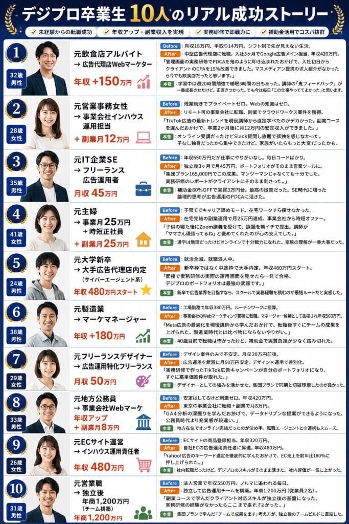 alt="デジプロ卒業生10人のリアル成功ストーリー"