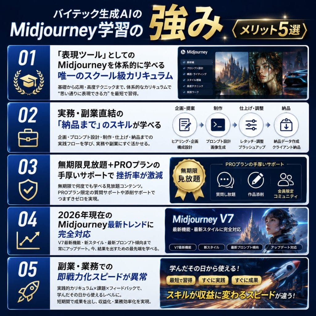 alt="バイテック生成AIのMidjourney学習の強み（メリット5選）"