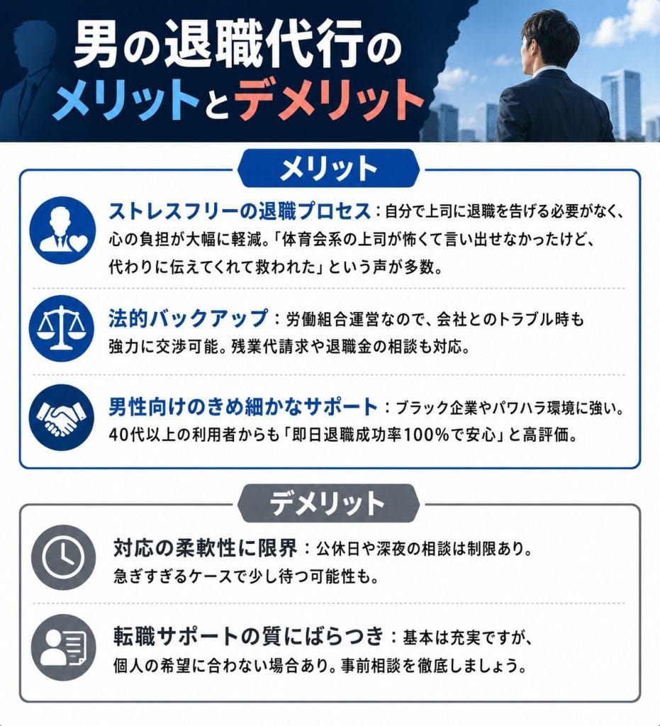 alt="男の退職代行のメリットとデメリット"