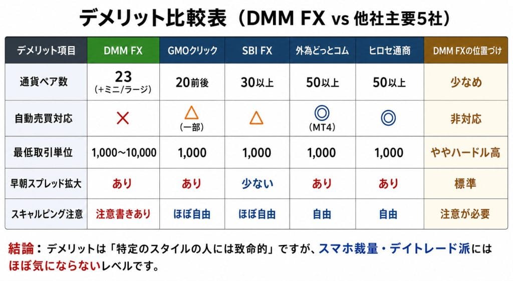 alt="デメリット比較表(DMM FX vs 他社主要5社)"