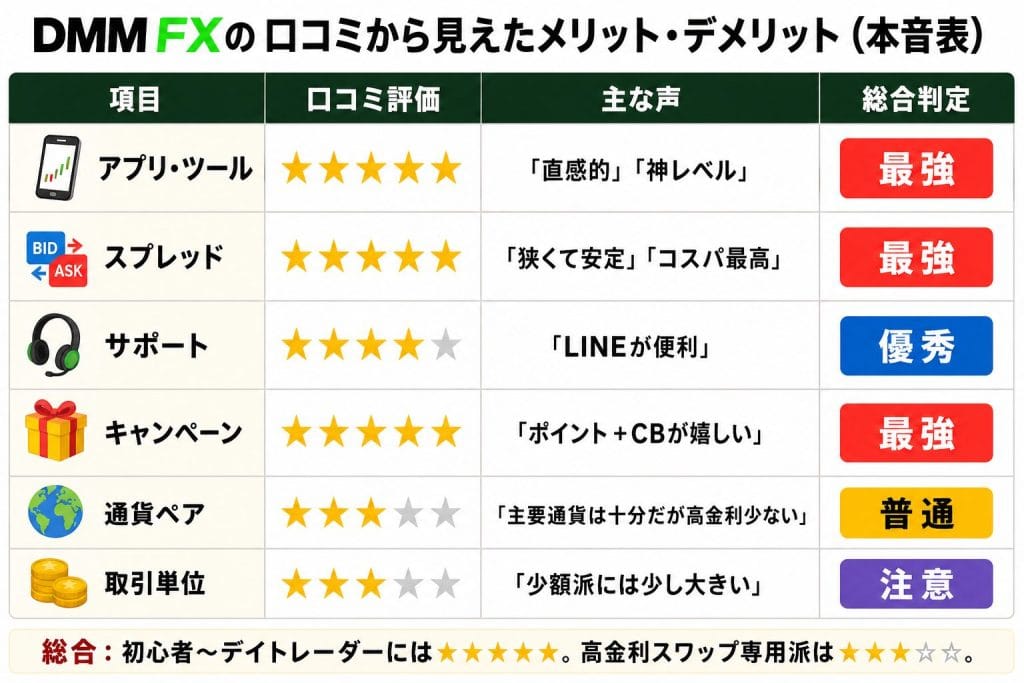 alt="DMM FXの 口コミから見えたメリット・デメリット(本音表)"